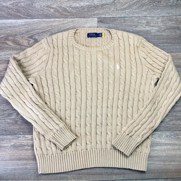 Polo Ralph Lauren Sweaters - Polo Ralph Lauren Tan Cable Knit Long Sleeve Sweater White Pony Logo Women's L